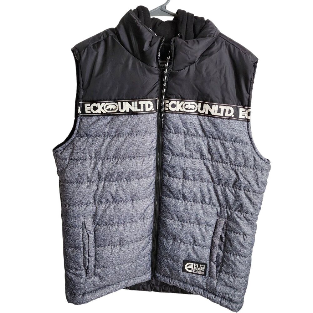 Ecko Unltd. Men's Puffer Vest Grey Marled Size Large NWT Full Zip Hooded